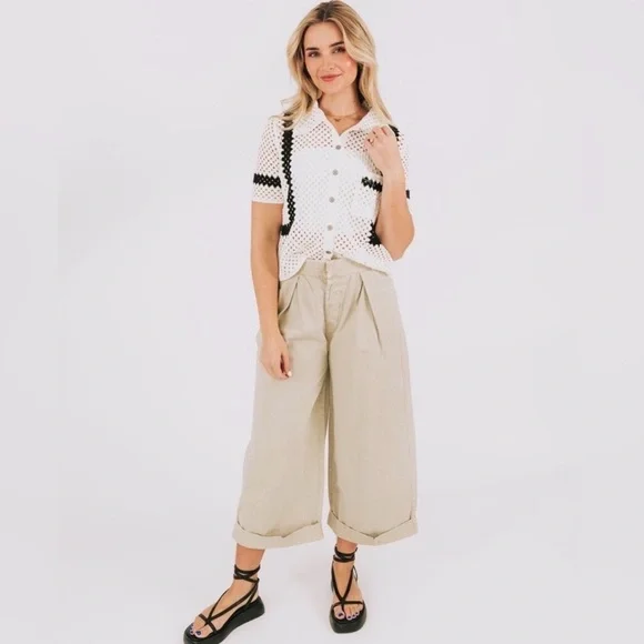 Free People After Love Cuff Pants Khaki Wide Leg Medium Oversized EUC