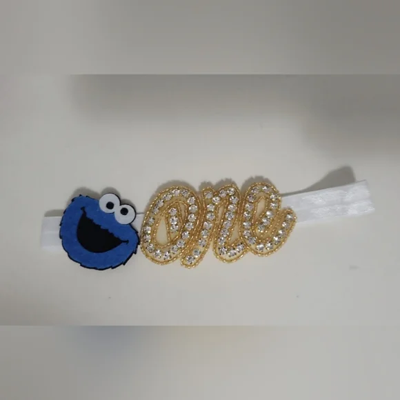 Cookie Monster First Birthday headband One Rhinestone dress smash cake hair bow