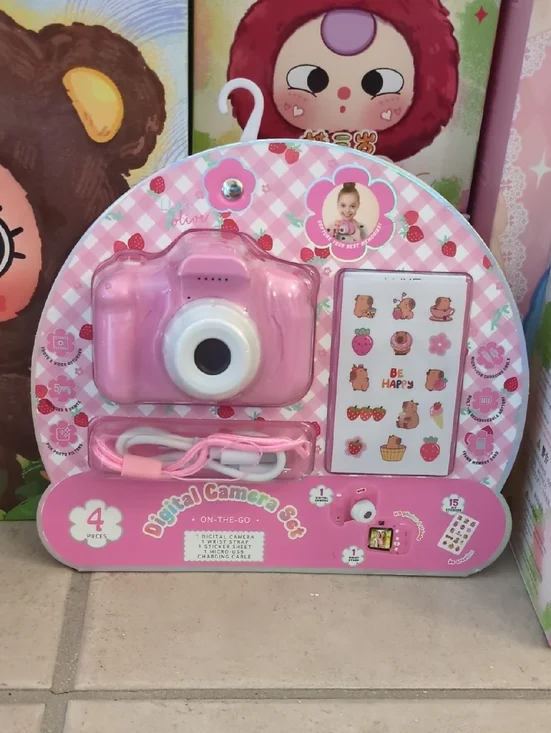Pink Kids Toy Digital Camera with capybara Stickers