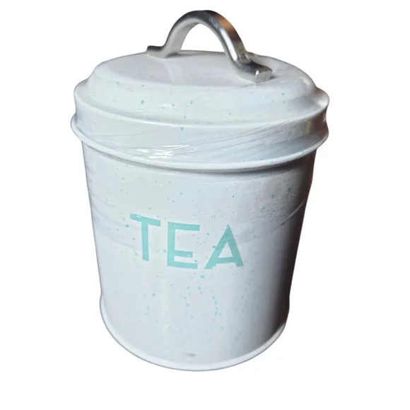 White Tea Canister with Mint Green Lettering