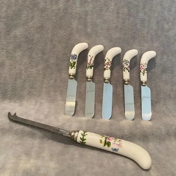 Portmeirion Botanic Garden Cheese Knife and‎ 5 Spreaders Flowers Ceramic