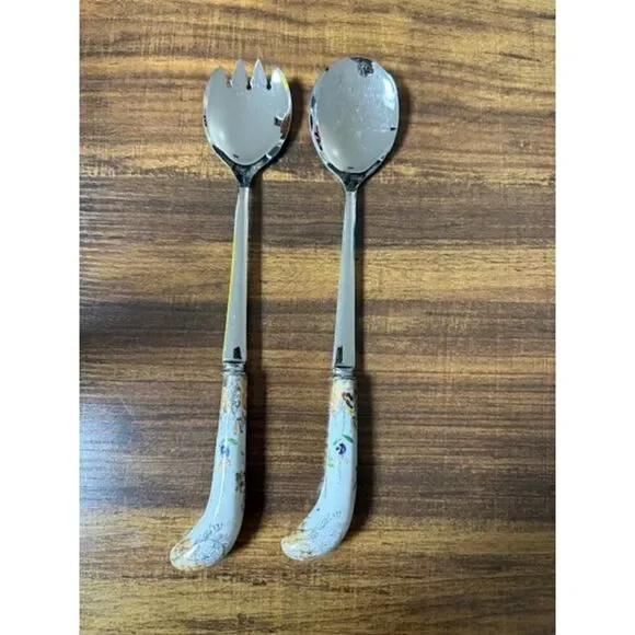 Vintage Sheffield England 2-Piece Salad Set Porcelain Floral Handles