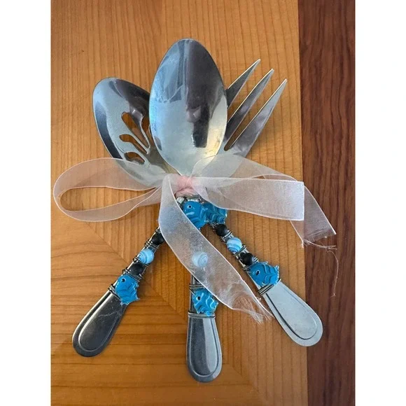 Handmade Beaded Serving Set Stainless Steel 3pc Blue Fish Wire Wrapped Coastal