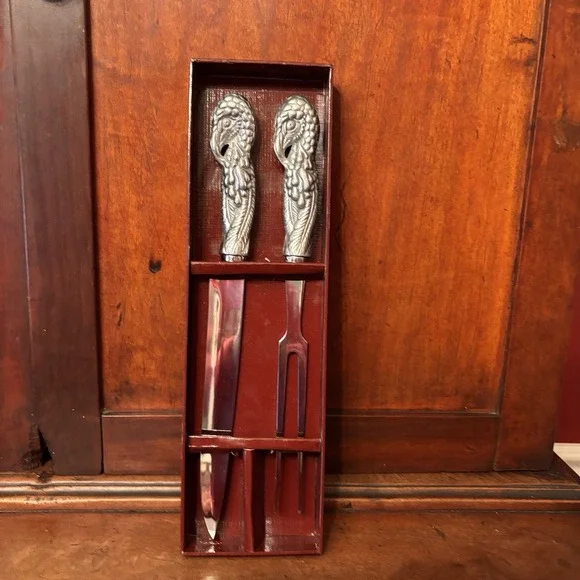 Arthur Court Turkey‎ Carving Set 2-Pc Knife & Fork Aluminum Handles Vintage