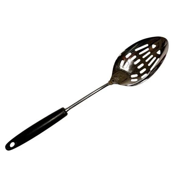 Vintage Ekco Slotted‎ Serving Spoon Chromium Plated Black Plastic Handle USA 12