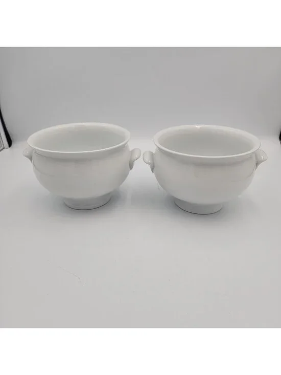 2-Pottery Barn Great White Soup Bowl Porcelain Double Handles Footed Tureen