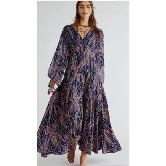 New Free People Mirage Boho Paisley Maxi Dress $198 Size 0 Long Sleeve