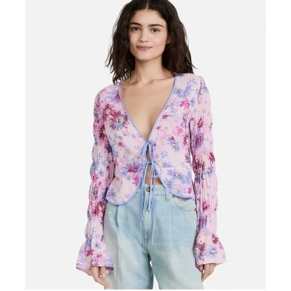 Free People Women's Venice Floral Tie Front Top Rose Combo Large Bell Sleeves