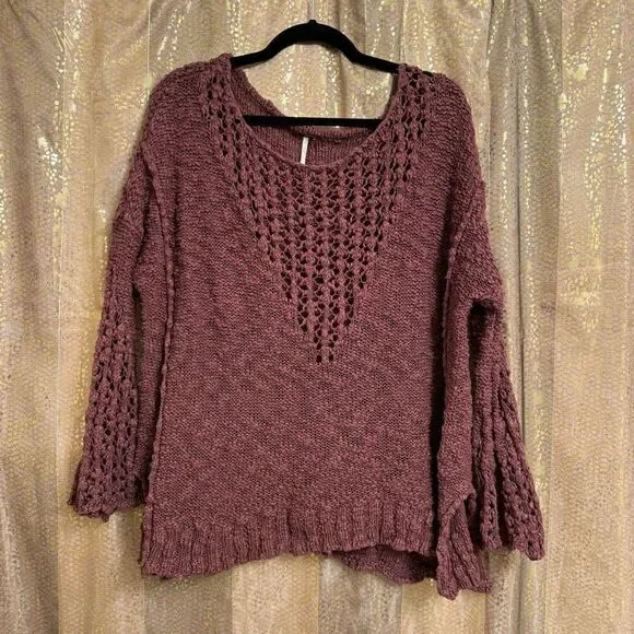 Free People Maroon Boho Chunky Open Knit Bell Sleeve‎ Sweater Oversized XS