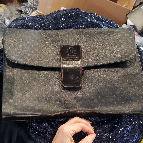Huge Vintage Elegant Black Leather Clutch or Briefcase Bag with F Letter Pattern