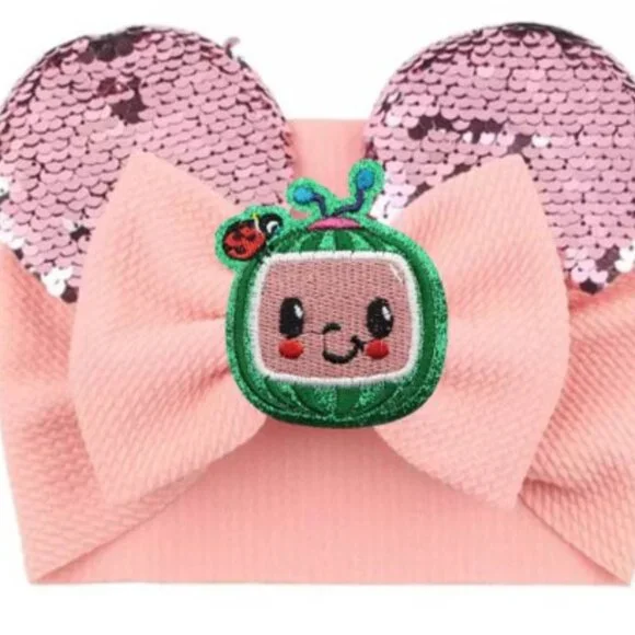 Cocomelon Headband Pink Ears Bow Headband Sequin Disney Coco Melon Bow