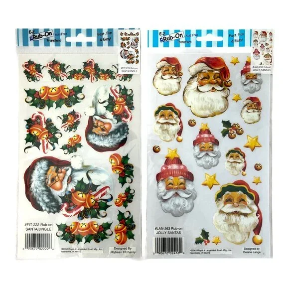 Set of 2 Vintage E-Z Rub-On Transfers – Jolly Santa Designs – 2000s Roylco Craft