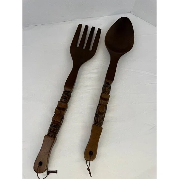 Vintage Hand Carved Wooden Tiki Totem Salad Serving Set Fork Spoon Wall Decor
