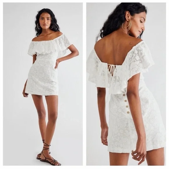 Free People Girl Crush Lace Mini Dress Size S White Feminine Hippie Ruffle 70s