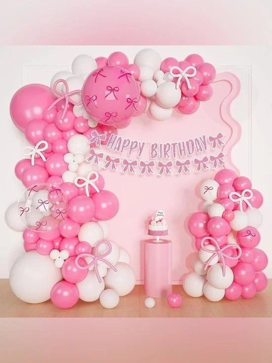 Coquette Pink and White Bow Balloon Arch Party Kit - Happy Birthday Decoration