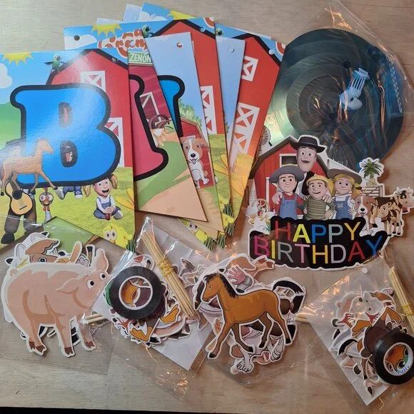 Barnyard Themed Birthday Party Decoration‎ Kit Animals Banner Cup Cake Toppers