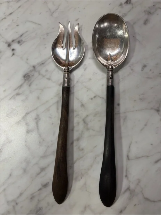 Set Wood Handle . Marked Nickel silver Salad Servers wood. Antique vintage.