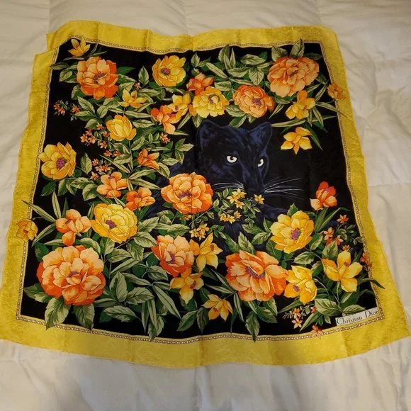 Authentic Vintage Christian Dior 100% Silk Scarf - Yellow, Black Panther, Floral