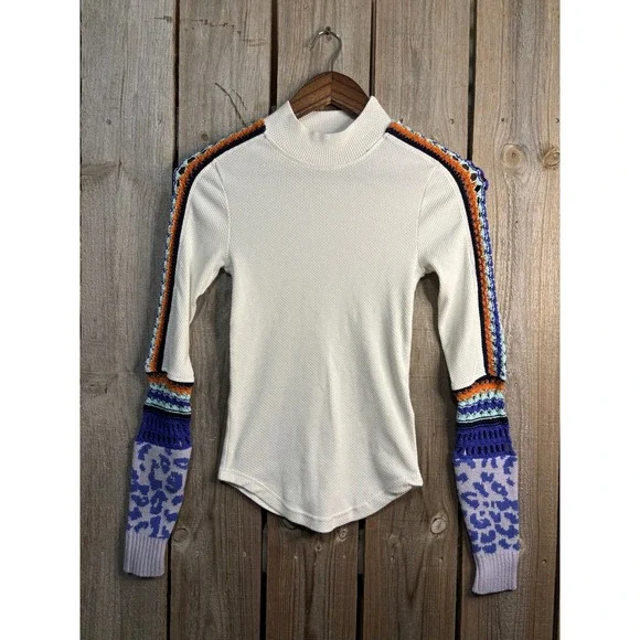 Free People Waffle Knit Thermal Top XS White Leopard Crochet OB995543