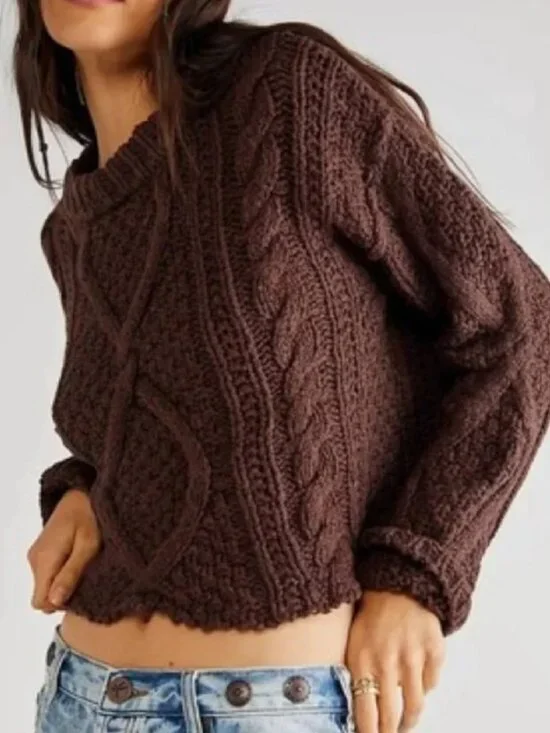 Free People Cutting Edge Cable Knit Sweater Chocolate Lava Chunky Cropped