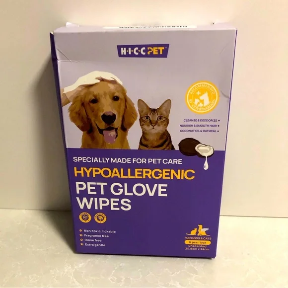 NWOT H.I.C.C Pet Hypoallergenic Pet Glove Wipes. Dogs or cats. 6 pcs. Unscented