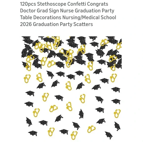 BOGO 120pc Stethoscope Graduation Confetti Black Gold Medical School Party