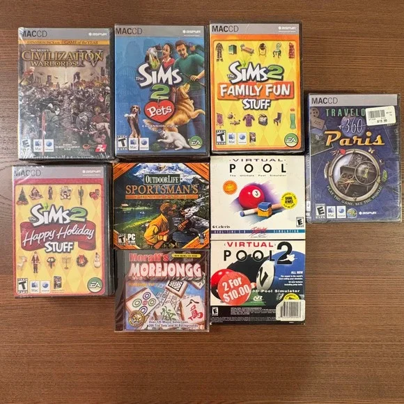Lot of 9 PC Mac Games Sims 2 Pets Civilization IV Virtual Pool 360‎ Paris CD-ROM