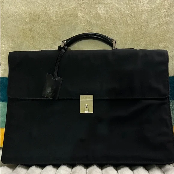 Gucci Black Nylon and Leather Combination Lock Briefcase