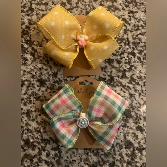 Yellow Polka Dot and Plaid Hair Bows