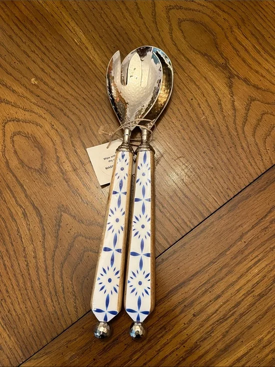 Ceramic Handle Salad Serving Set - Blue and White, new