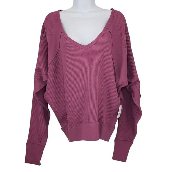 Free People‎ Waffle Knit V-Neck Top Slouchy Oversized Beachy Boho Mulberry NWT