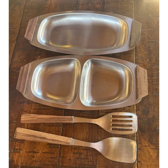 MID CENTURY MODERN‎ Vintage Stainless Steel & Wood Trays JAPAN & Utensils Relish