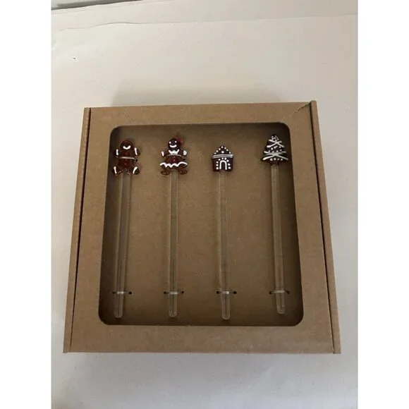 Pottery Barn Gingerbread Icon Glass Stir Sticks, Set Of Four Stirrers NEW