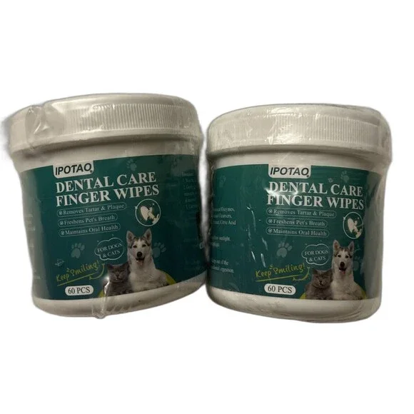 2-PK, Dental Care Finger Wipes Dog/Cats Reduce Plaque Freshen Breath Teeth 60CT
