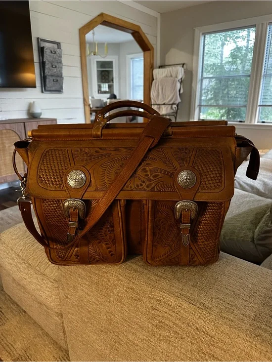 Leather Tooled Satchel Messenger Bag - Brown