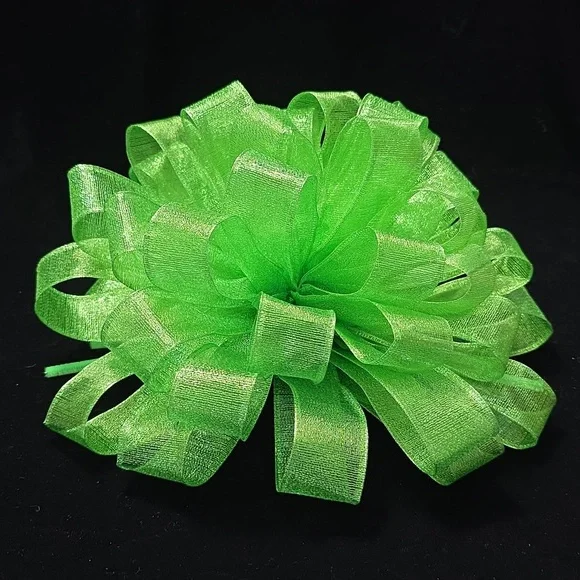 Christmas Tree Bow Topper, Lime Green Sheer Ribbon Tree Topper 44 Loop Bow #4of4