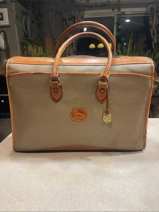 Dooney & Bourke Tan Canvas Briefcase with Chestnut Leather Trim