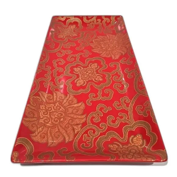 Pottery Barn Chinoise Plate, 16x8 Inch, Red/Gold Rectangle Discontinued