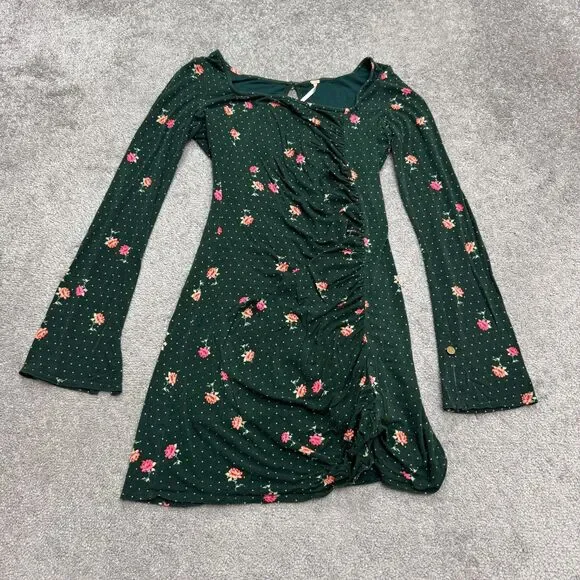Free People Floral Polka Dot Ruched Long Sleeve Mini Dress Womens Small Green