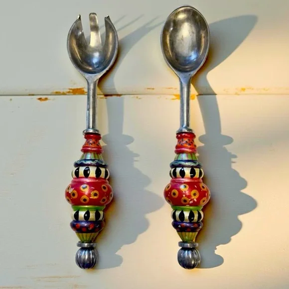 SouthCoast Folk Painted Handles Stainless Steel Salad Servers 12.5