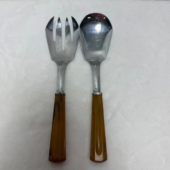 VTG Butterscotch Amber Marbled Salad Serving Set Fork and Spoon MCM Retro Farm