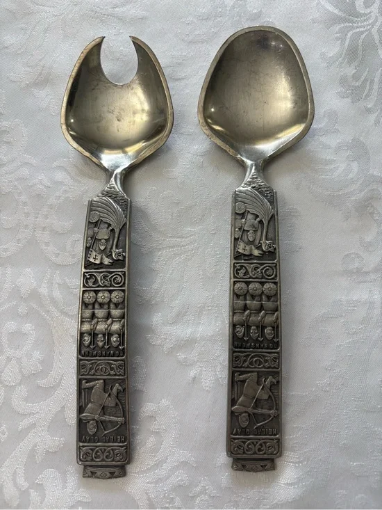 Vtg Konge Tinn Norwegian Pewter Salad Serving Set Viking Heilag Olav Spoons