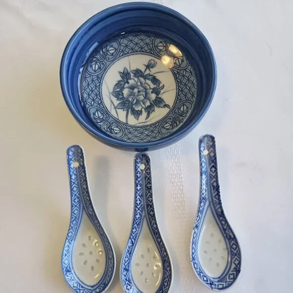 Blue and White Chinese Porcelain Bowl and Translucent Rice Grain Soup Spoons