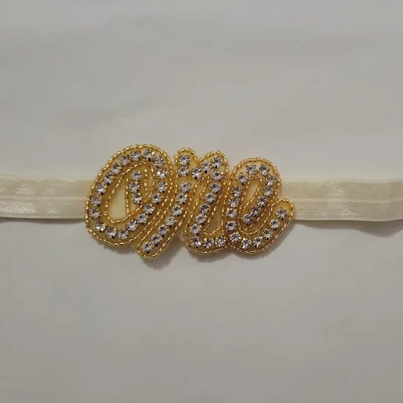 First Birthday headband One Gold Rhinestone Applique smash cake hair photoshoot