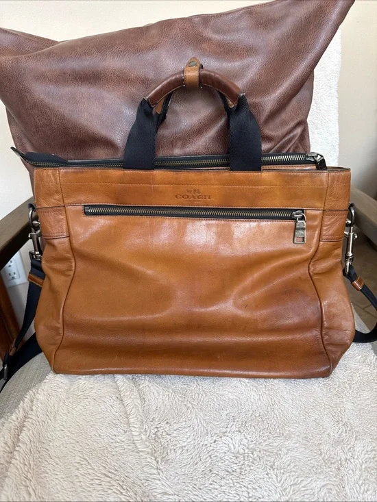 Coach Leather Briefcase in Cognac Brown with Black Handles