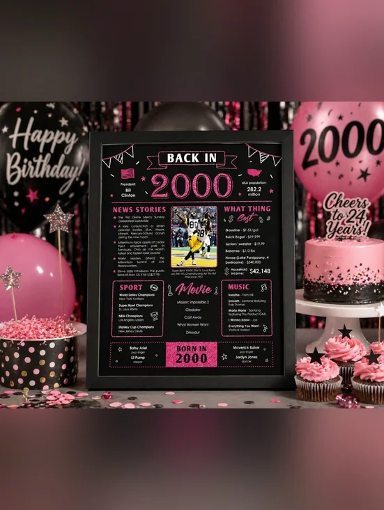 Back in 2000 Birthday Poster Sign 8x10 Unframed Pink Black Milestone Party Decor