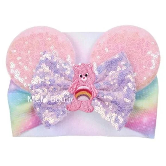 Care Bears Headband Pink Ears Bow Sequin Care Bears Birthday Pastel