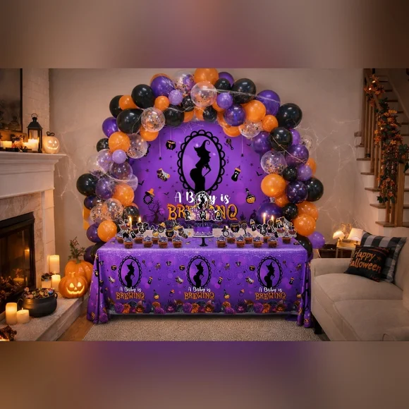 A Baby Is Brewing Halloween Balloon Arch Kit with Backdrop & Party Decorations