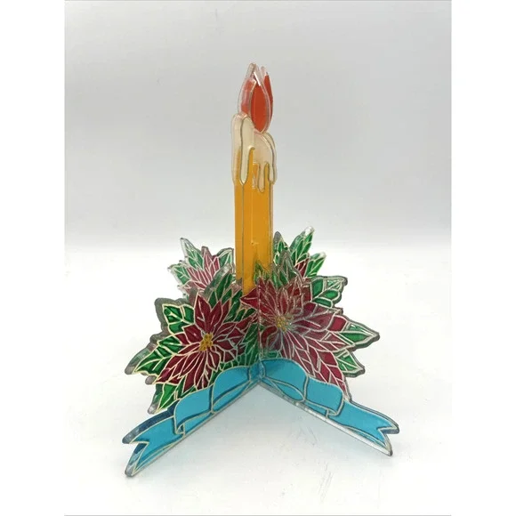 Vintage Christmas 3D Suncatcher Window Decor Candles Faux Stained Glass Candle