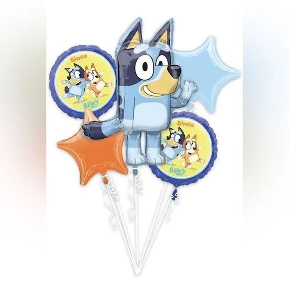 Bluey Happy Birthday Party Bingo Blue Heeler Dog Puppy 5 Piece Mylar Balloon